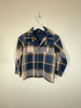 Volcom Boys Plaid Flannel Shirt Blue Yellow Size 8Y